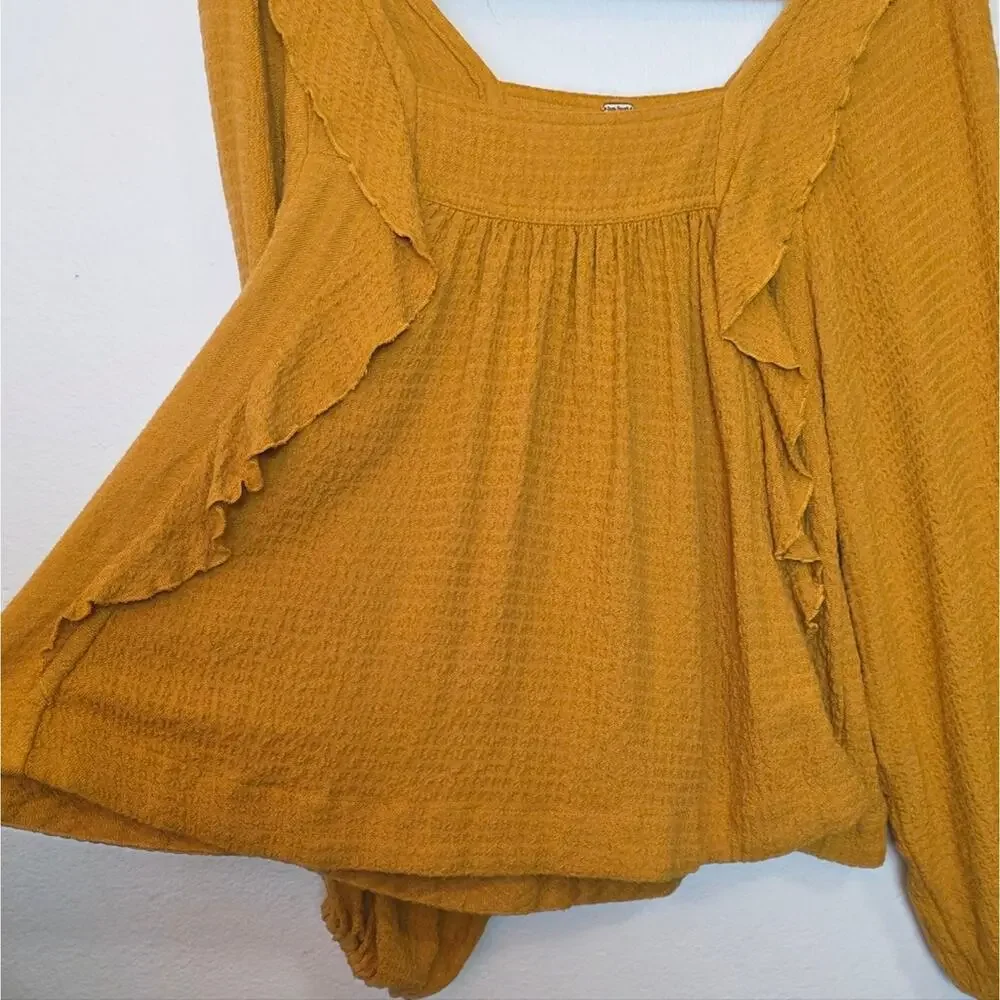 FREE PEOPLE Bonnie Ruffle Long Sleeve Peasant Top In Marigold Relaxed Fall Sz XS